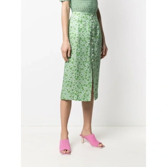 𝅺SANDRO Paris Silk & Linen Green Long Floral Print Botton Skirt with slit 0 - Picture 12 of 12